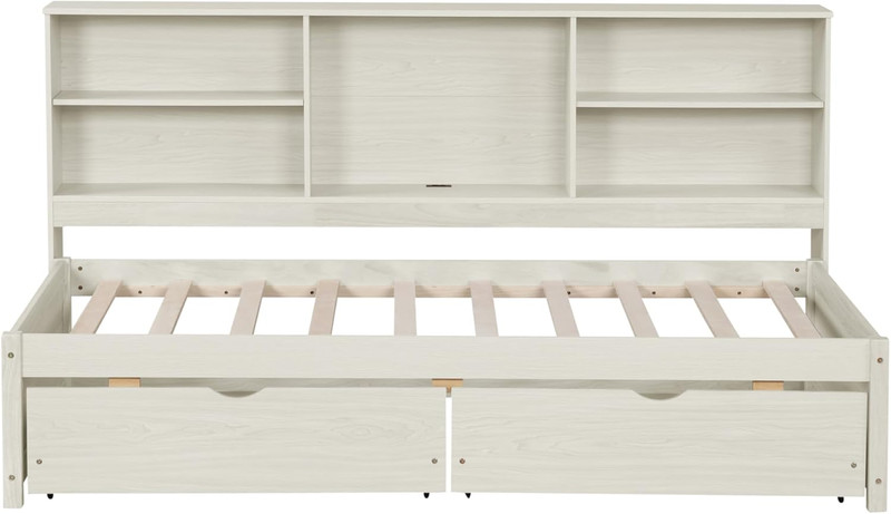 Modern Twin Daybed with Storage, Bookshelves & USB Port - Creamy White gallery