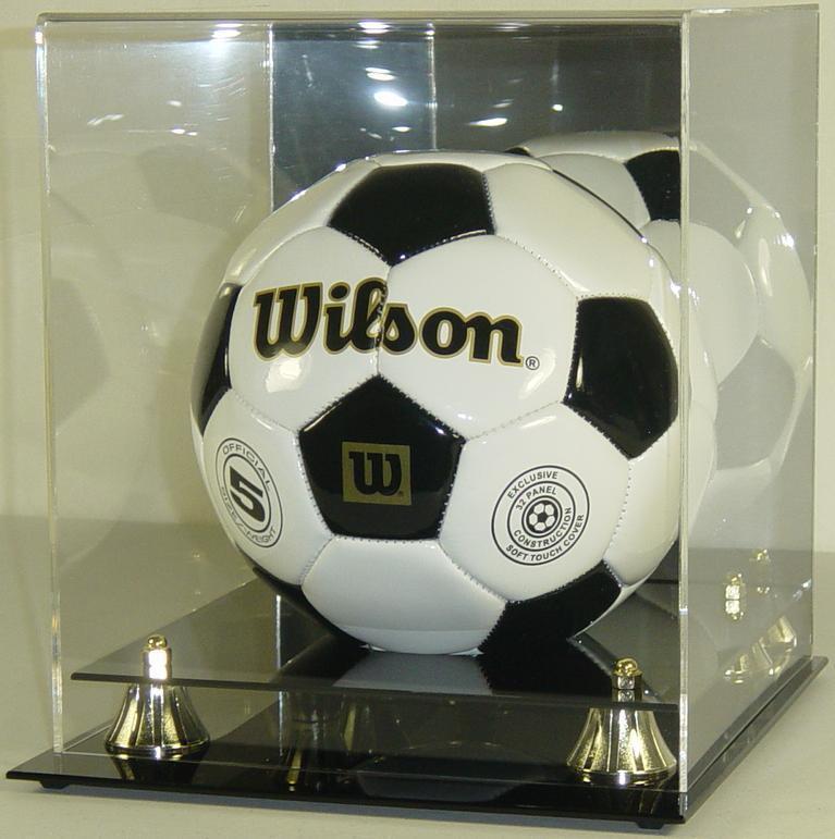 DELUXE SOCCER BALL DISPLAY CASE w/ MIRROR & GOLD RISERS