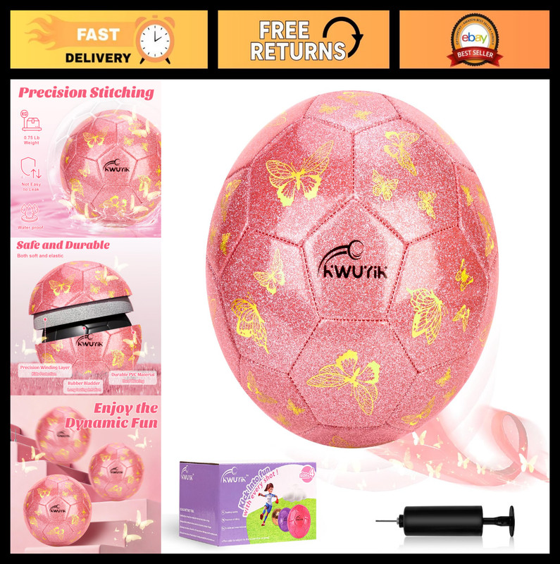 Glitter Butterfly Soccer Ball Size 3/4 – Kids Football for Ages 3-12, Indoor/Out