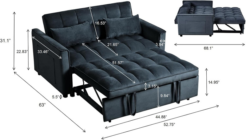 Compact 53" Velvet Sleeper Sofa, 3-in-1 Couch with Adjustable Backrest, Black gallery