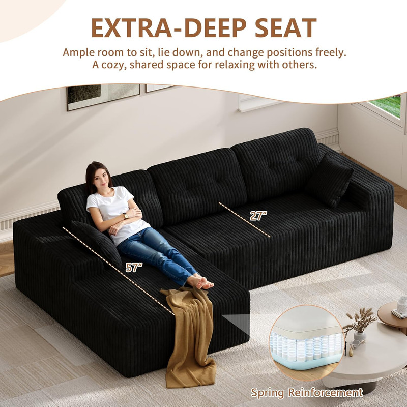 106" Modular Cloud Corduroy Sectional Sofa with Deep Seat - Left Chaise Black gallery