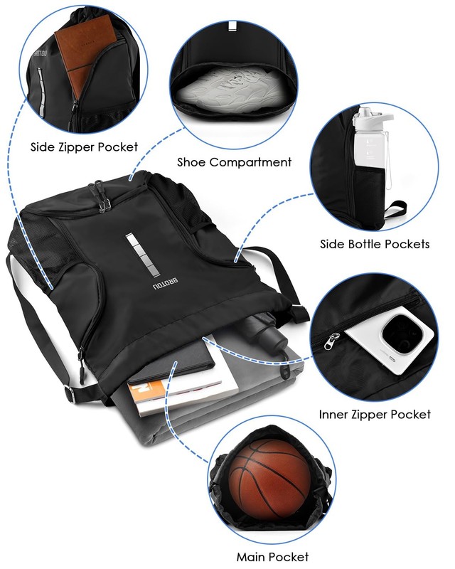 BROTOU Soccer Drawstring Backpack, Basketball Bag, Volleyball One Size, Black gallery