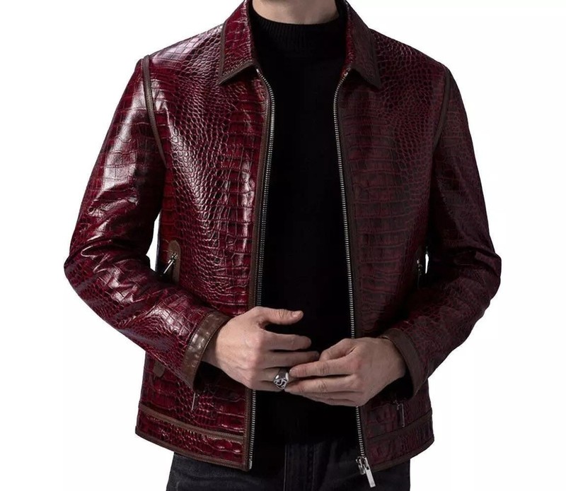Luxury Men’s Crocodile Pattern Leather Jacket – Burgundy