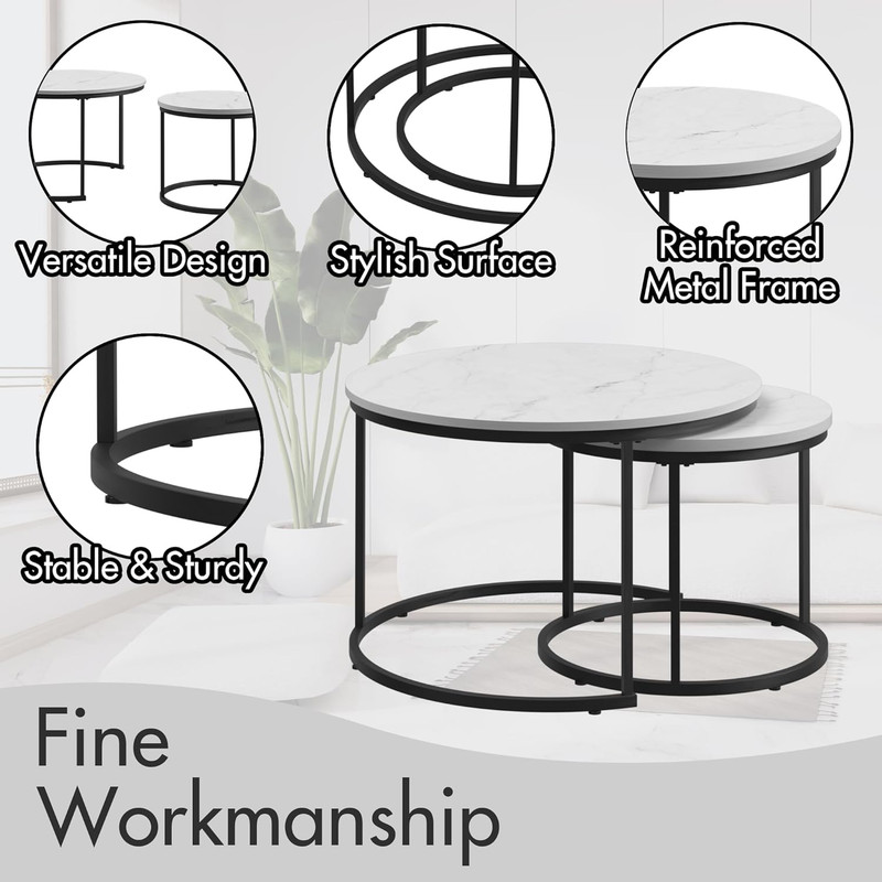 Stylish 27.6" Round Nesting Coffee Table Set with Marble Top & Metal Frame gallery