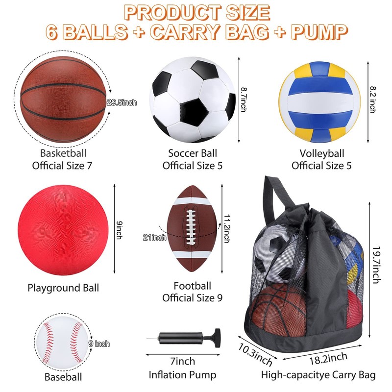 6 Pcs Multi Sport Ball Set Official Size Football Basketball Soccer Volleybal... gallery