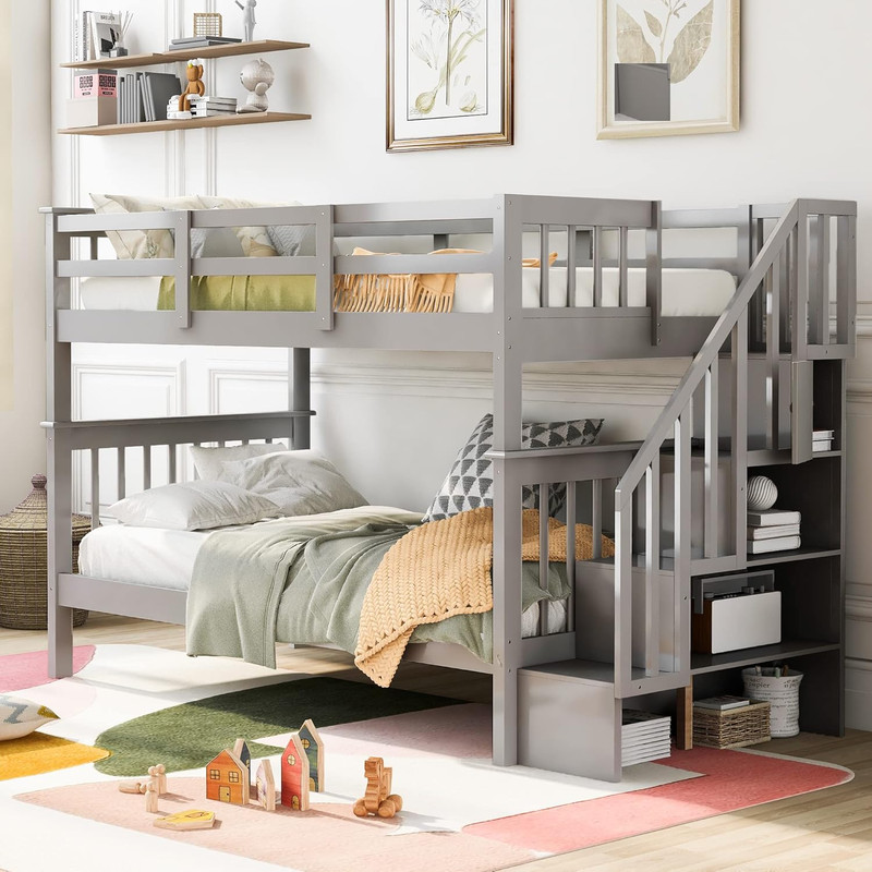 Space-Saving Twin Bunk Bed with Storage Ladder & Guard Rail - Gray Wood