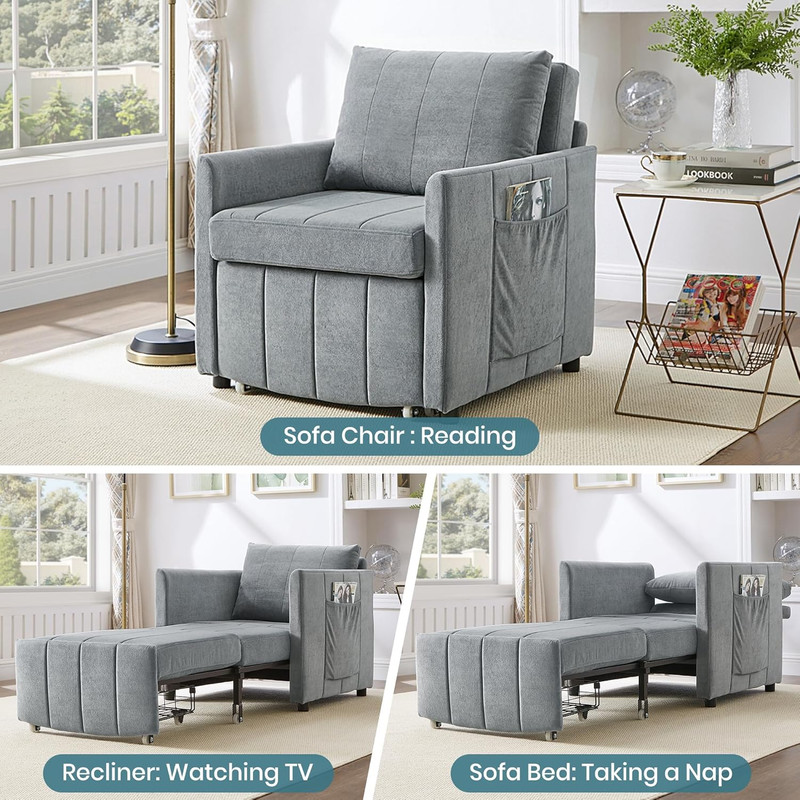 Convertible 31.5" Sleeper Sofa Bed with Storage, Grey Chenille Recliner Chair gallery