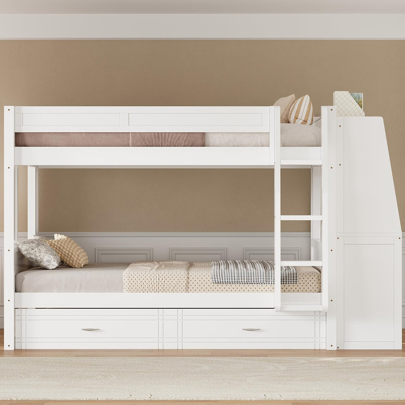 Multifunctional Full Size Bunk Bed with Desk, Trundle & Bookshelves, White gallery
