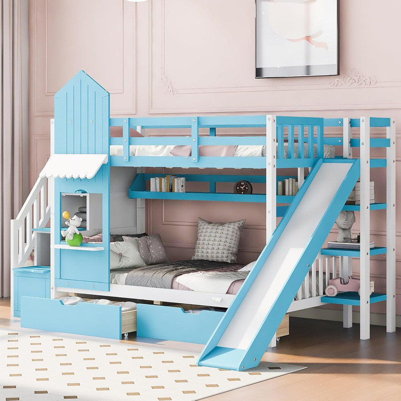 Castle Style Twin Bunk Bed with Slide, Storage Ladder & Drawers - Blue
