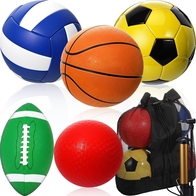5 Pcs Multi Sports Balls Bulk Set Official Size Basketball Football Soccer Vo...