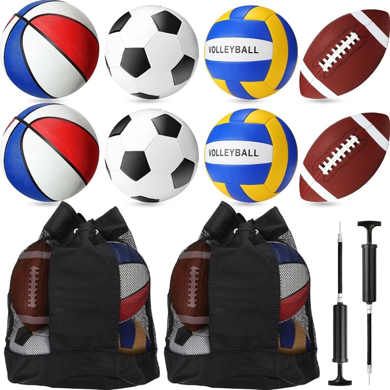 8 Pcs Sports Balls Set Include Basketball Football Soccer Volleyball