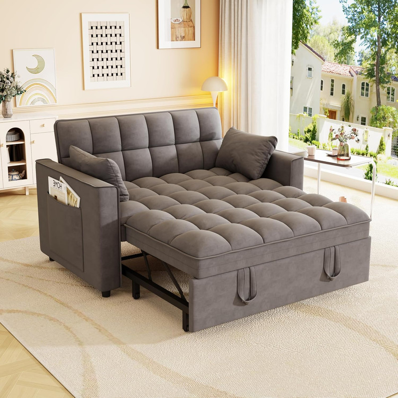 Convertible Velvet Sleeper Sofa Bed with Pillows & Side Pocket, Dark Gray