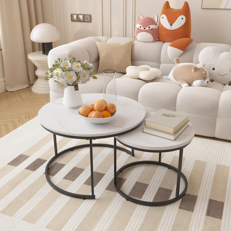 Stylish 27.6″ Round Nesting Coffee Table Set with Marble Top & Metal Frame