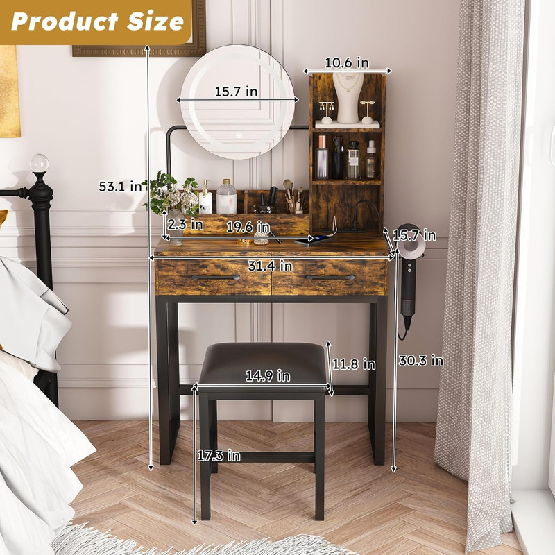 Dimmable Makeup Vanity Set with Mirror, Outlet, Drawers & Chair for Bedroom gallery
