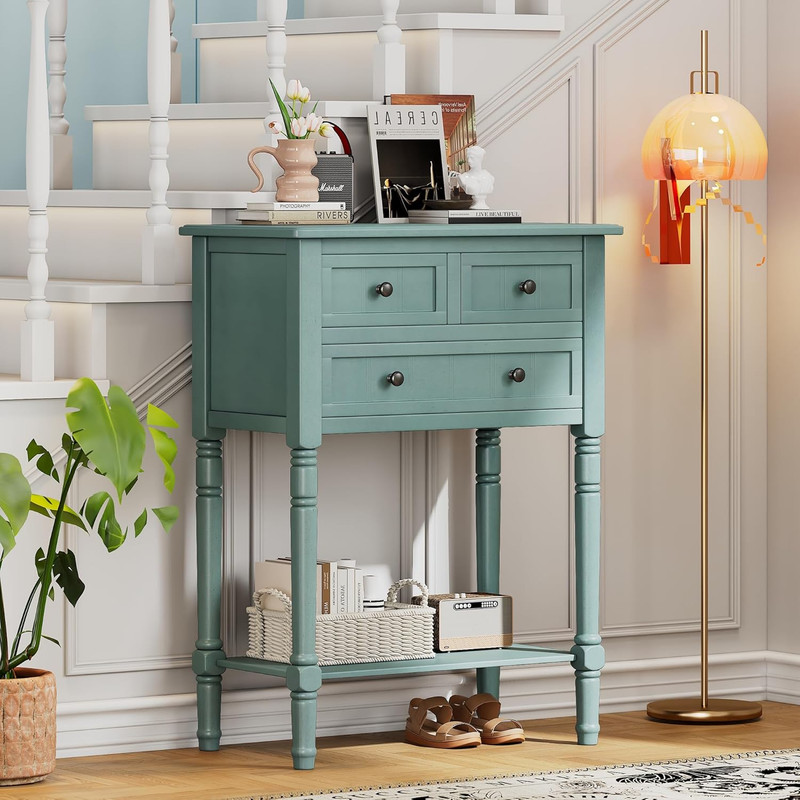 Light Blue Classic Console Table with 3 Drawers & Bottom Shelf for Living Room
