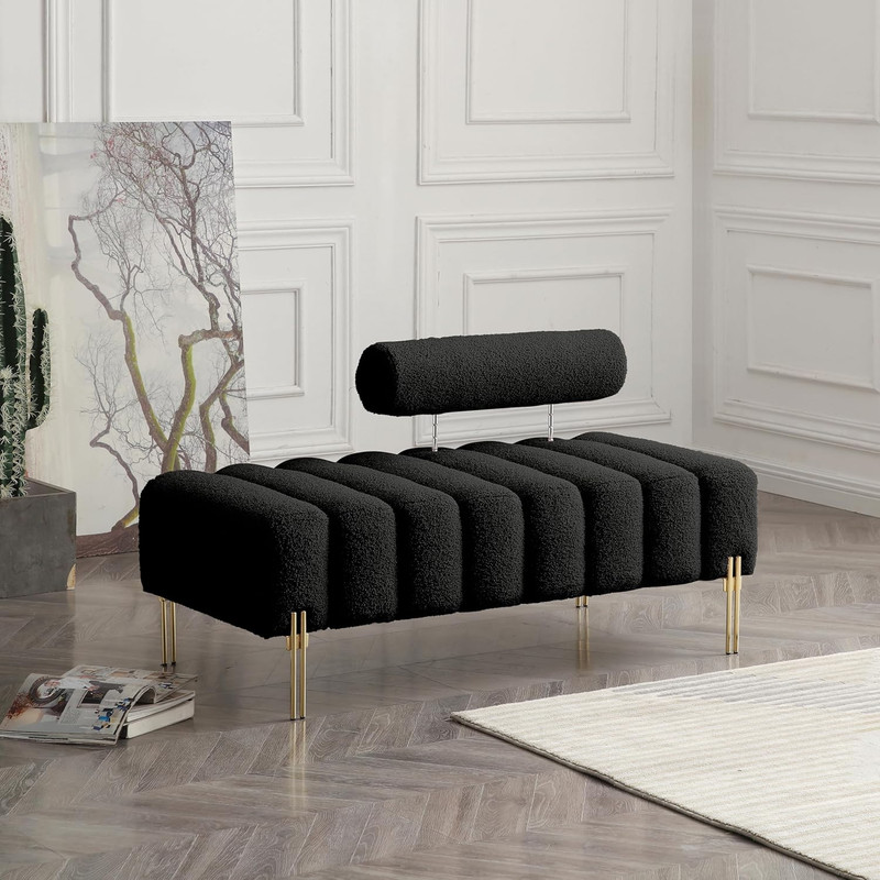 Modern 53.2″ Upholstered Entryway Bench with Adjustable Back & Gold Legs, Black