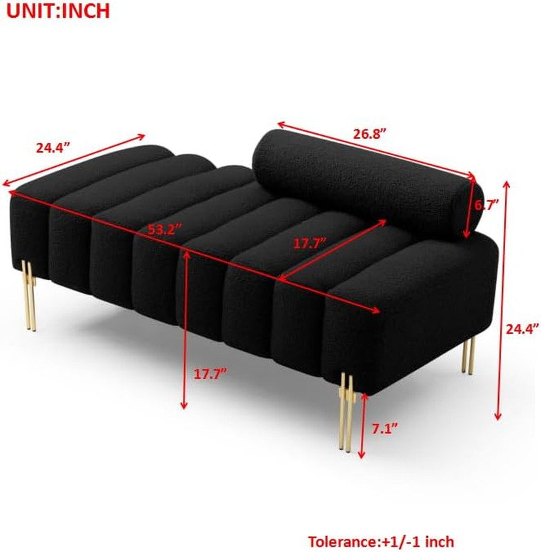 Modern 53.2" Upholstered Entryway Bench with Adjustable Back & Gold Legs, Black gallery