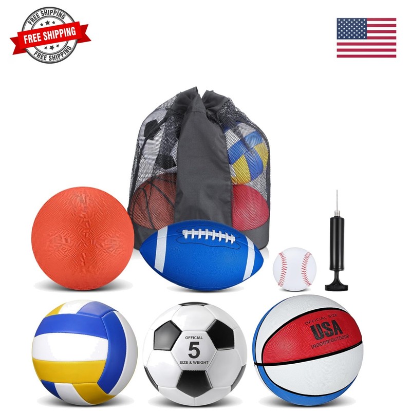 6 Pcs Multi Sport Ball Set Official Size Football Basketball Soccer Volleybal…