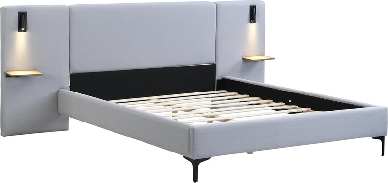 Stylish Queen Bed Frame with Lights & Shelves, Easy Assembly, Grey Linen gallery